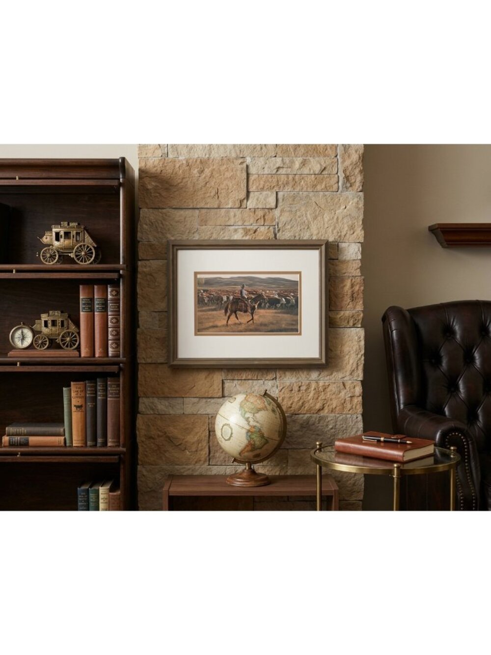 Framed Cowboy Cattle Drive Print Western Ranch Equestrian Wall Art Man Cave Den